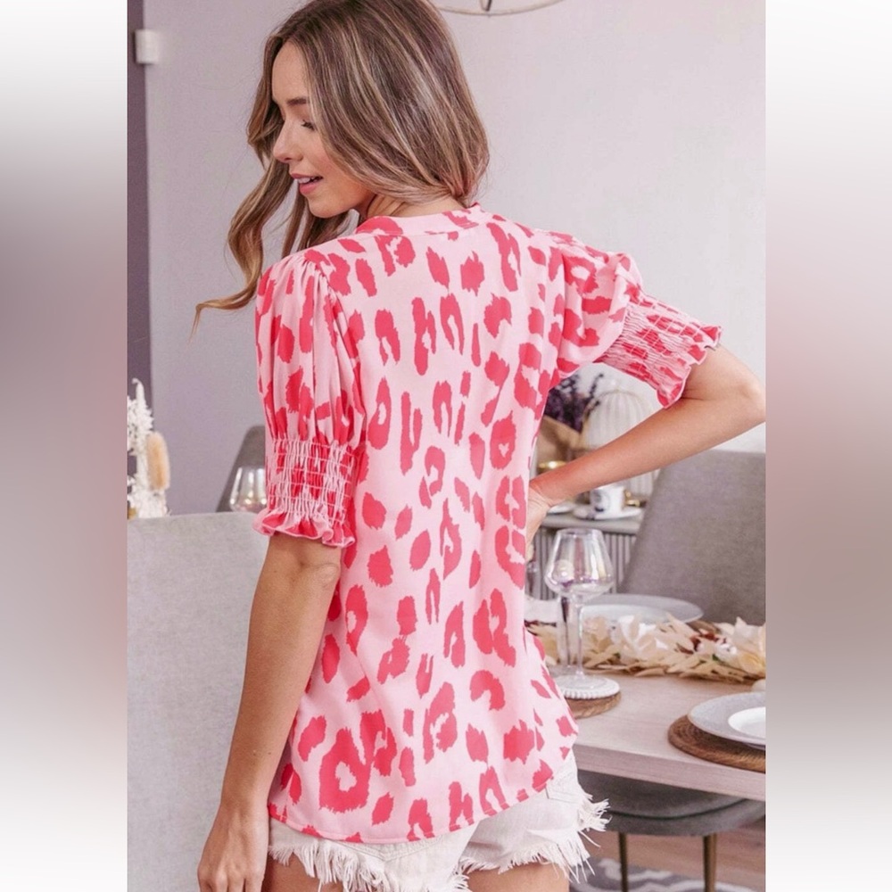Pink Leopard Print V-neck Bubble Sleeve Smocked Blouse Top Silk Boutique Ruffle - Picture 3 of 12